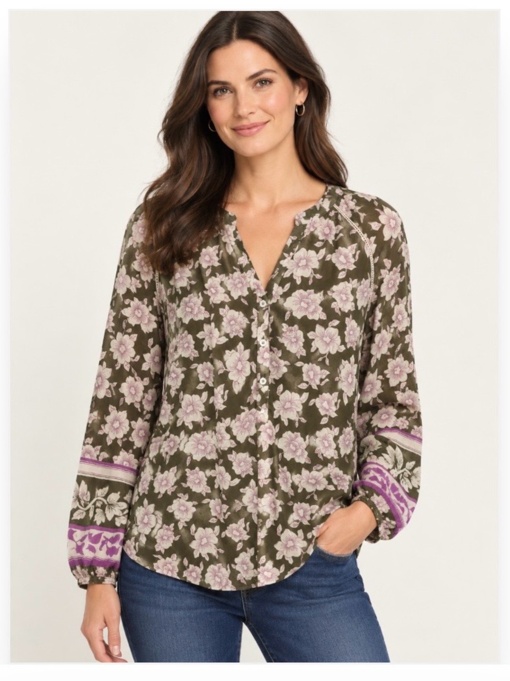 Talbots Olive Floral Button-Front Blouse with violet Accents